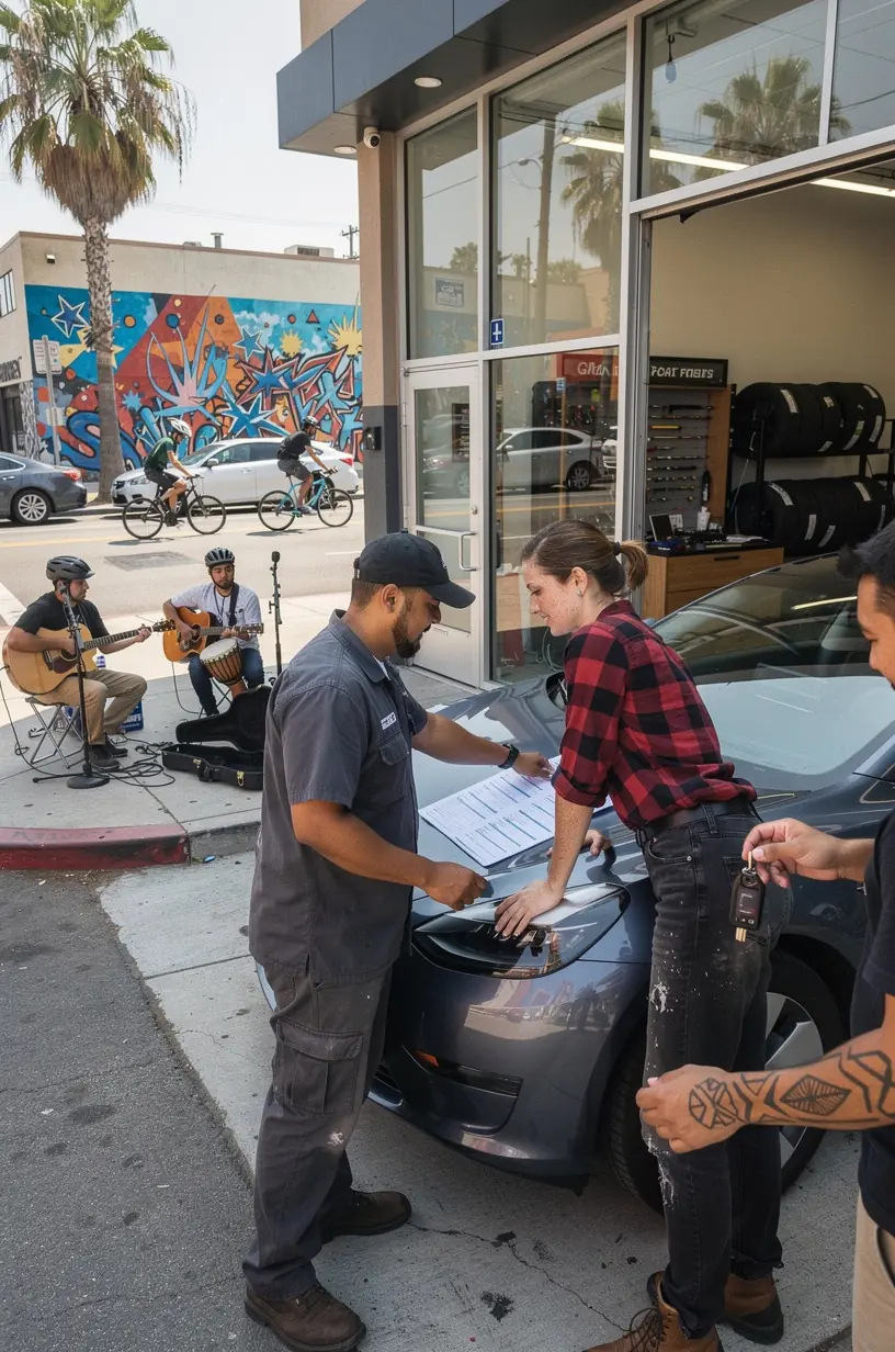 Auto repair professional explaining checklist items to customer for thorough trip preparation