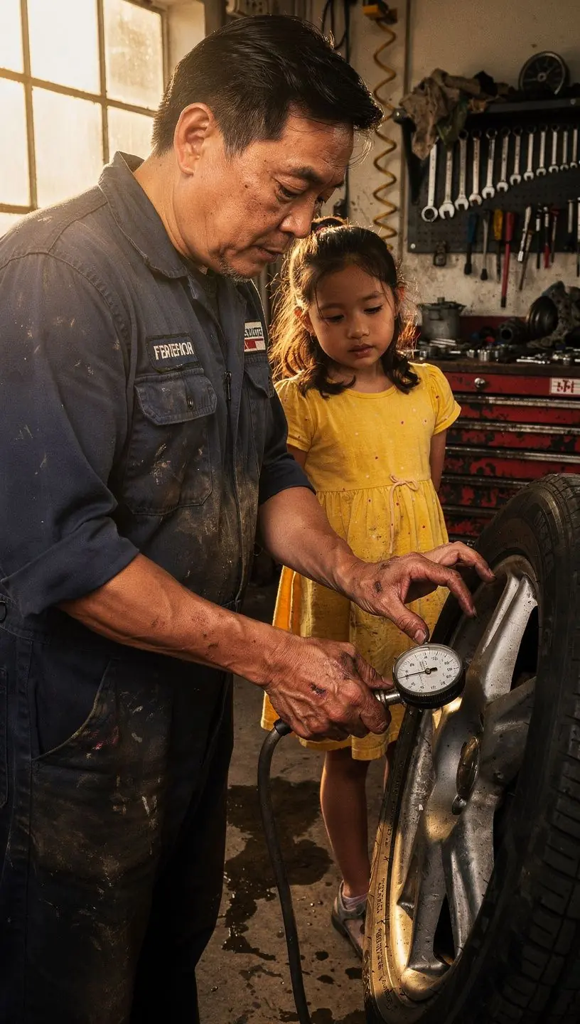 Brake mechanic examining brake pads and rotors for safety on extended highway travel